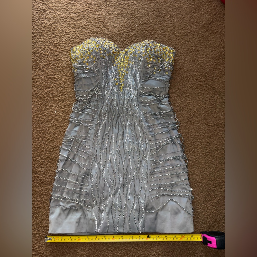 Sherri Hill Elegant Silver and Gold Strapless Dress